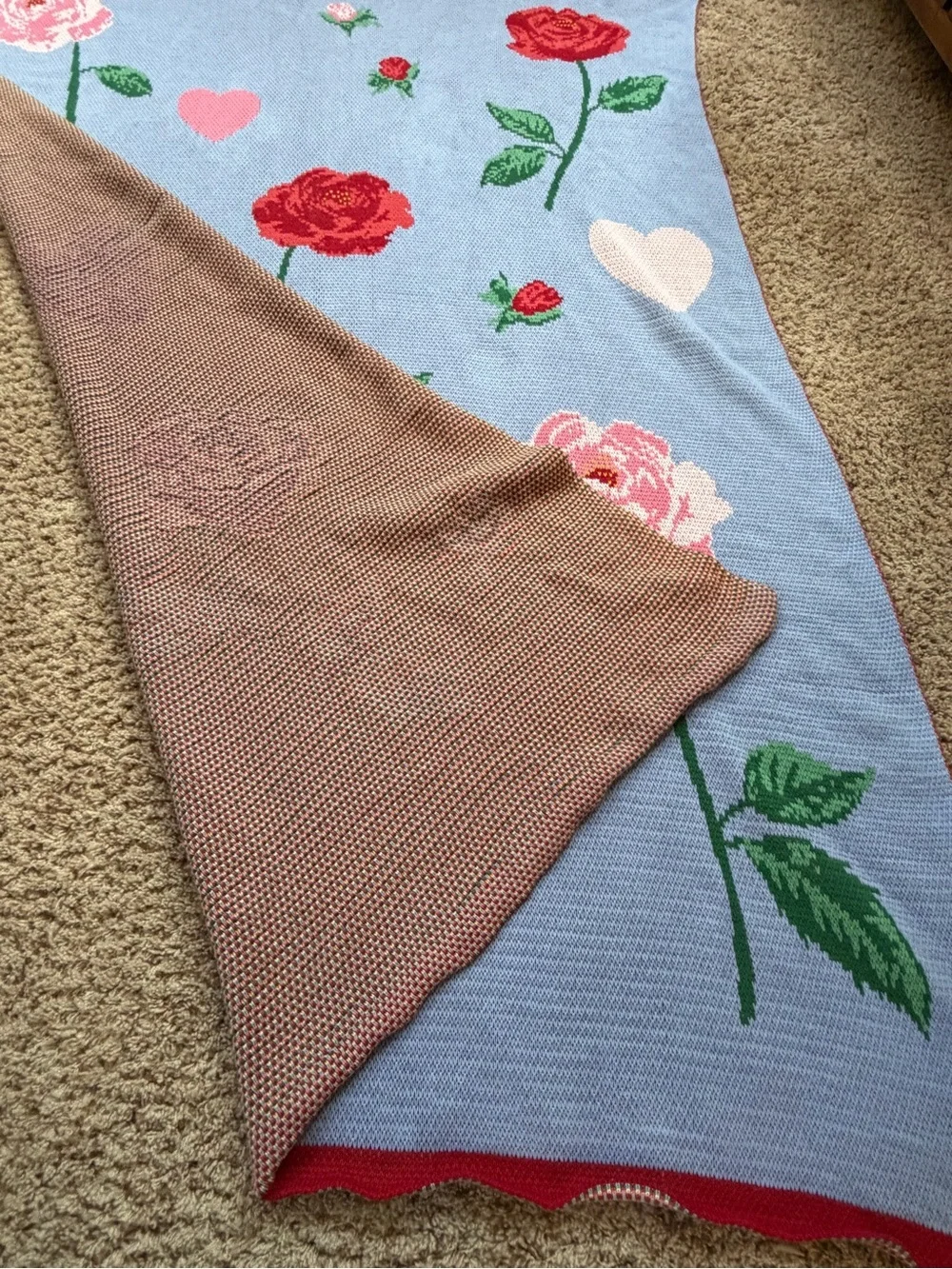 Anthropologie cotton sweater knit throw blanket blue Red Hearts Pink Roses